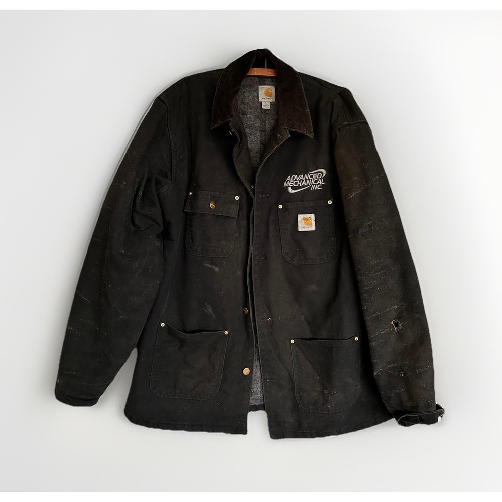 Vtg Carhartt Chore Coat Blanket Lined Work Jacket Corduroy Collar Worn Sz L Tall